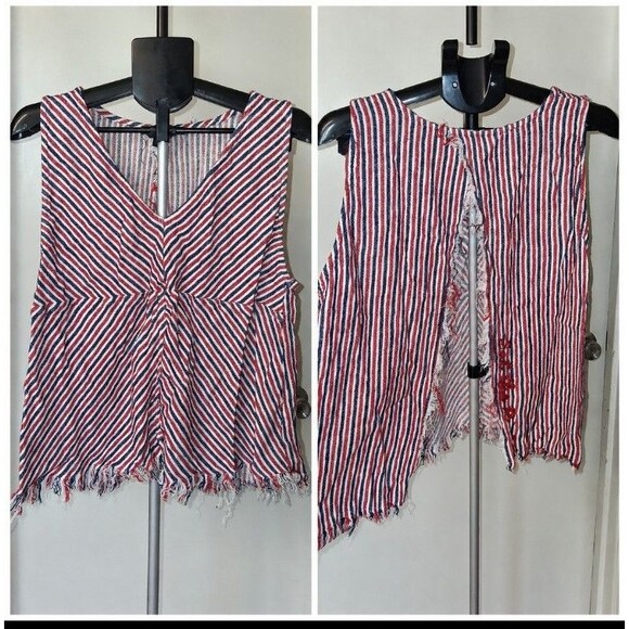 Indigo Rein Tops - Indigo Rein Sleeveless Split-Back Fringe Top XL Patriotic Festival Eat the Rich